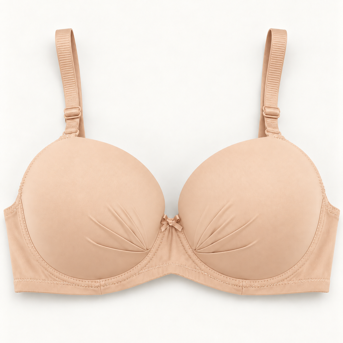 Nude Beige gathered-cup unpadded push-up bra with matching straps and centre bow