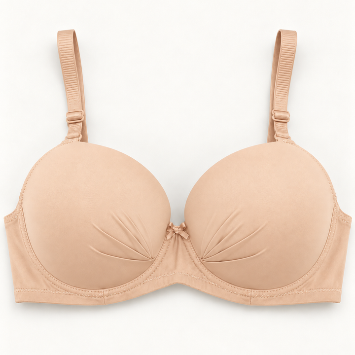 Nude Beige gathered-cup unpadded push-up bra with matching straps and centre bow