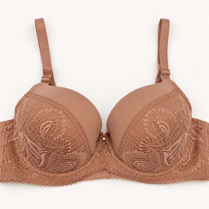 Nude push-up bra with diagonal floral-lace panels and a scalloped lace band.