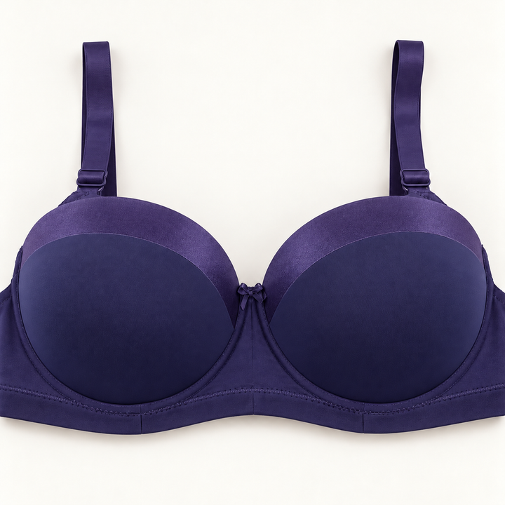 Purple push-up bra with contrasting violet curved panels along the upper cups. Finished with matching straps, a plain stitched band and a small centre bow.