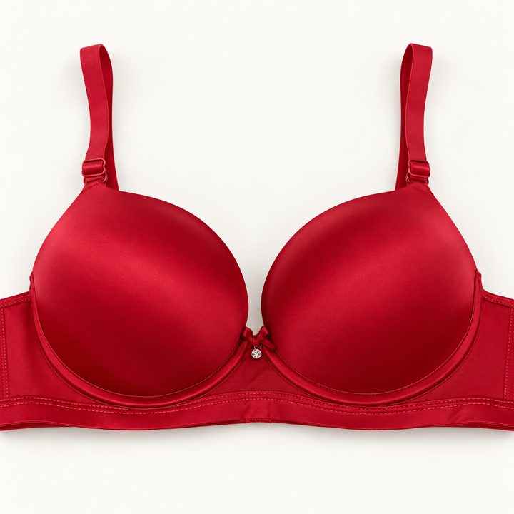 Red push-up bra with smooth cups, a plain stitched band and adjustable straps. Finished with a small centre bow and charm.