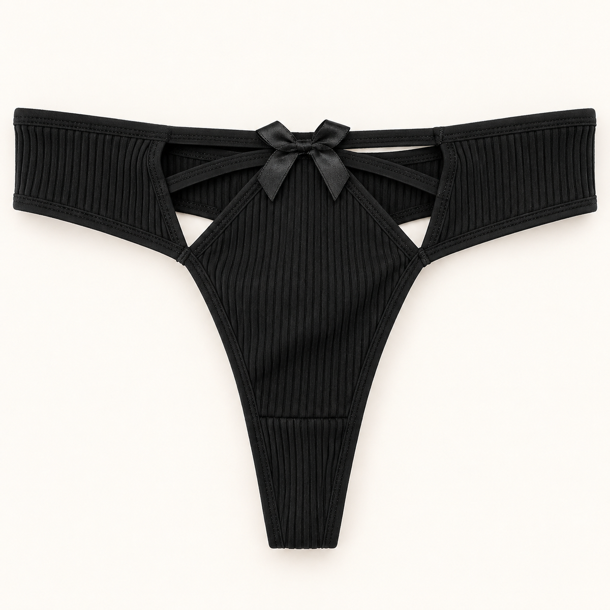 Black ribbed cutout thong slips. Fits L to XXL. One piece.