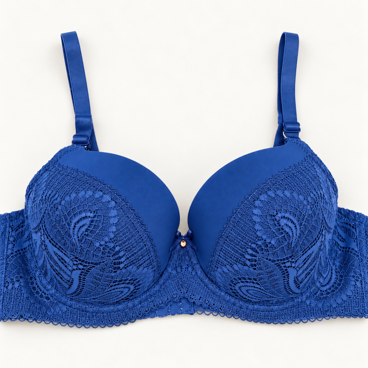 Royal blue lace unpadded push-up bra with diagonal floral-lace panels and a scalloped lace band.