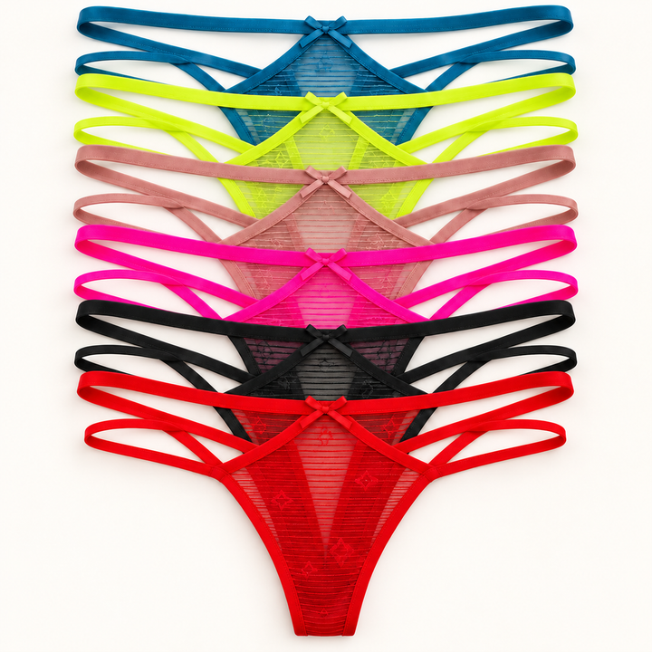 Strappy Mesh Thong Slips stacked to show all 6 colours. Sold individually in your selected colour.