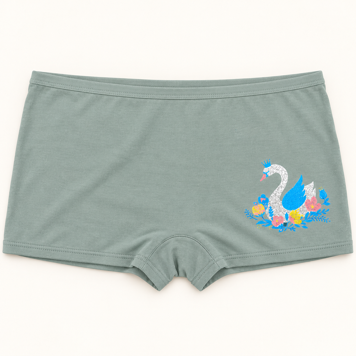 Sage Green swan-print boyshort slips. One piece.
