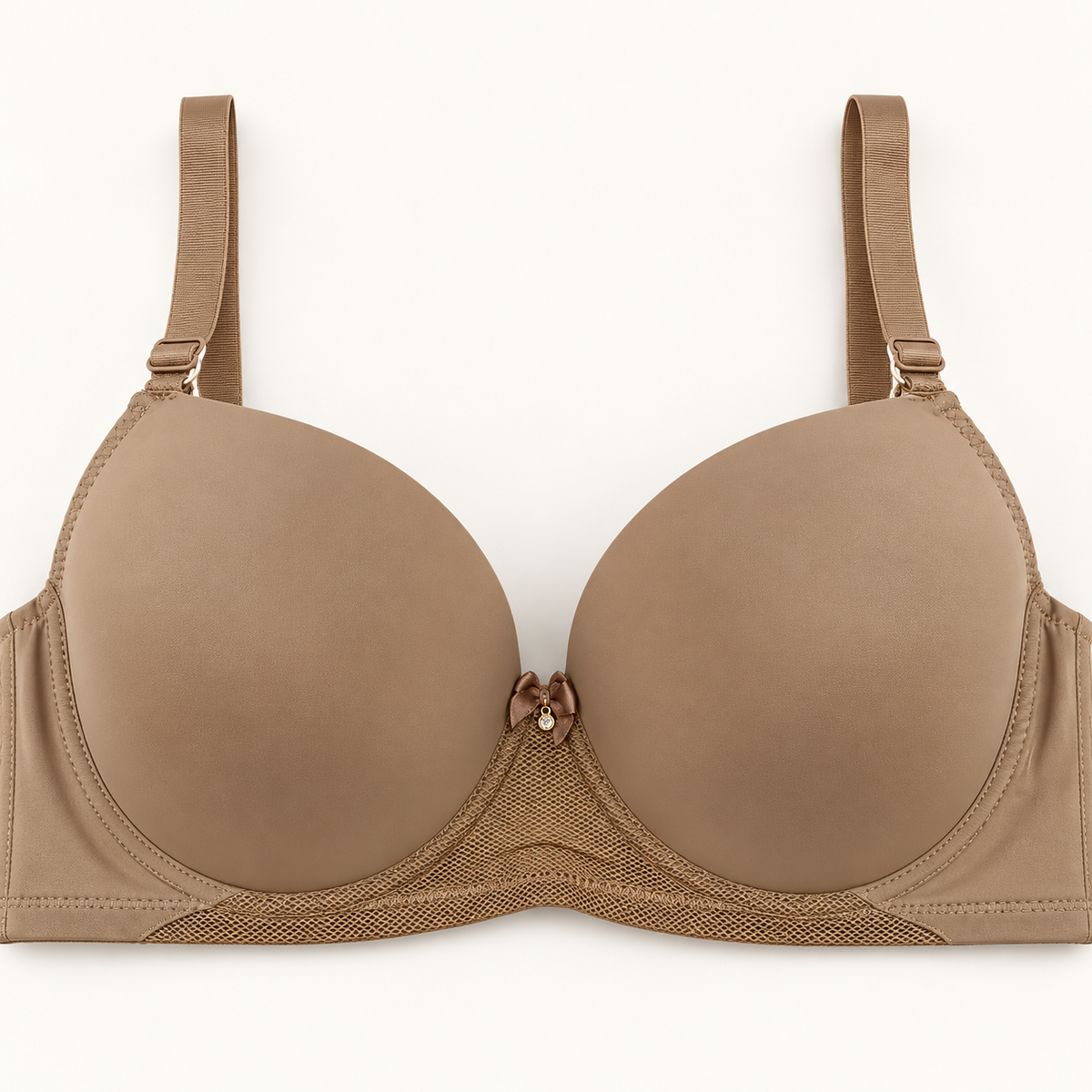 Taupe push-up bra with smooth rounded cups and fine mesh detailing at the centre and lower band. Finished with adjustable straps and a small centre bow.