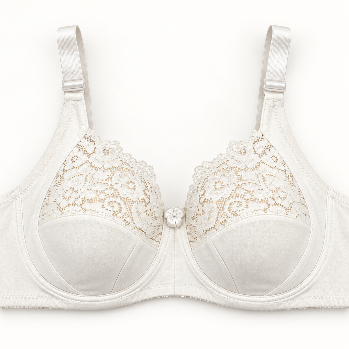 White lace-panel unpadded push-up bra with floral-lace upper cups, smooth seamed lower panels, wide adjustable straps and centre bow.